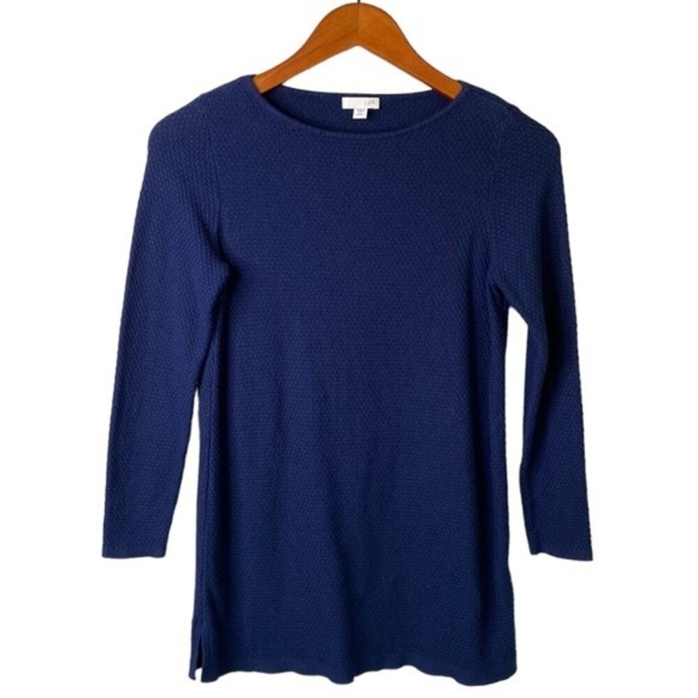 J Jill Navy Textured Waffle Knit Long Sleeve Tunic Top Crew neck Side Slit Soft